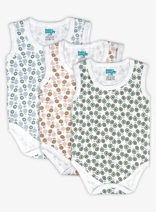 Babies Basic Pack of 3 - Super Combed Cotton Sleeveless Printed Bodysuit